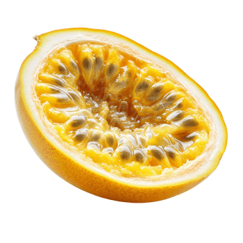 Bright yellow passion fruit slice displaying juicy interior on a clean transparent background for culinary purposes, Slice Yellow passion fruit isolated on transparent background png