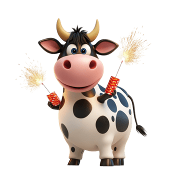 Adorable Cartoon Cow with a Playful Expression and Tiny Sparks png