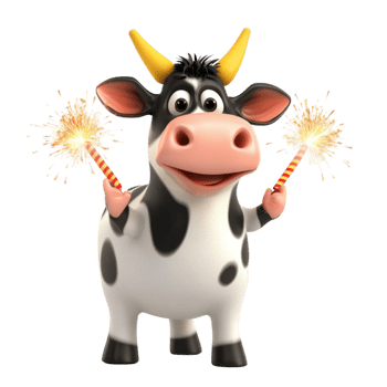 Cute Cartoon Cow with a Happy Expression and Sparks Around png