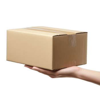 A hand holding a brown cardboard box showcasing a carton package delivery in a clean setting, Hand holding cardboard box, giving carton package isolated on transparent png