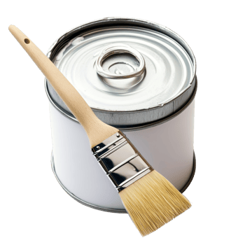 A paint can with a brush placed beside it on a clean transparent background ready for arts and crafts activities, paint can with brush on transparent background png