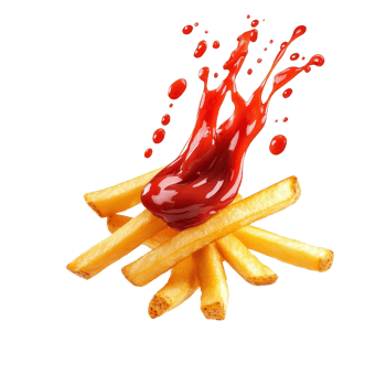 Flying french fries with a splash of ketchup isolated on a transparent background in a playful food arrangement, Flying french fries with ketchup splash isolated png