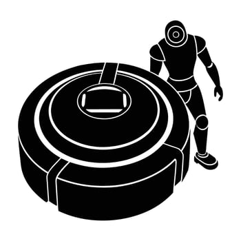 Modern robotic vacuum cleaner moving forward line art silhouette isolated on white background design vector