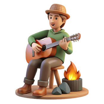 serene rustic Man Playing Acoustic Guitar by Campfire Isolated authentic png