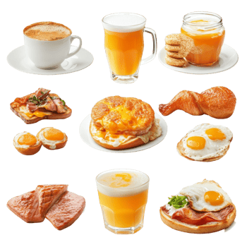 A delightful breakfast spread featuring eggs, meats, and beverages on a bright transparent background, Breakfast food and drinks isolated on transparent background png