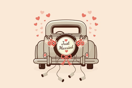 Just Married car back view flat illustration. vector