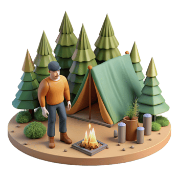 dramatic creative Man Setting Up Campsite in Forest Isolated original png
