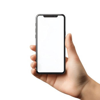 Hand holding a mockup mobile phone displaying a blank screen for design and advertising purposes at a bright location, Hand holding horizontal mobile phone screen mockup, smartphone isolated on png