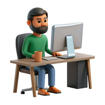 beautiful contemporary Man Working on Desktop Computer Front View Transparent Background high quality png