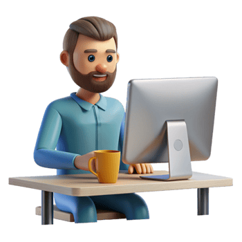 serene artistic Man Working on Desktop Computer Front View Transparent Background genuine png
