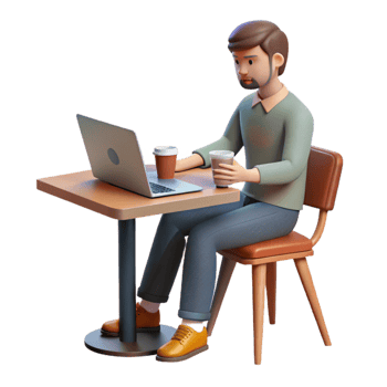 wonderful modern Man Working on Laptop in Cafe Isolated authentic png