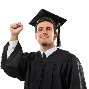Excited male graduate celebrating achievement with raised fist in black graduation gown against transparent background, Hooray Male Graduate with Raised Fist on transparent background png
