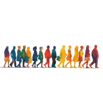 Colorful line of diverse individuals walking together on a bright transparent background, symbolizing unity and inclusivity in society, Colorful Diversity Line of People on transparent background png