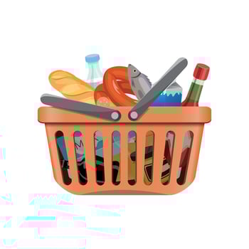 orange grocery basket with products on white background vector
