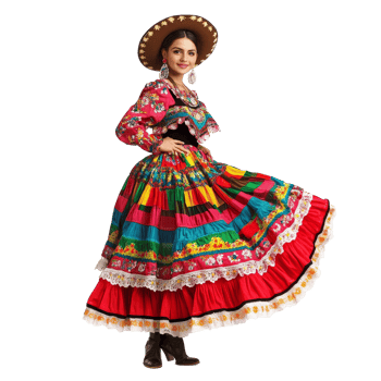 A young woman in a vibrant Charro dress lovingly showcases her culture at a festive gathering, a beautiful mexican girl wear Charro dress with ankle boot isolated on transparent background png