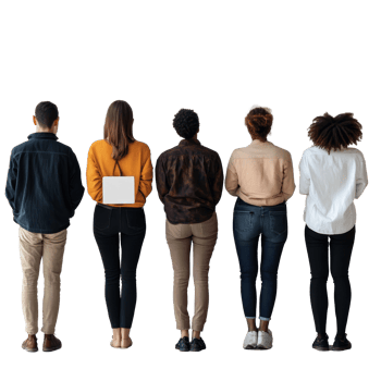 Diverse group of people waiting in line against a simple backdrop during a daytime event, Diverse people waiting patiently in line png