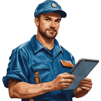 Repairman uses a tablet to assist with technical work in a residential setting during daylight hours, Repairman connecting with a tablet png