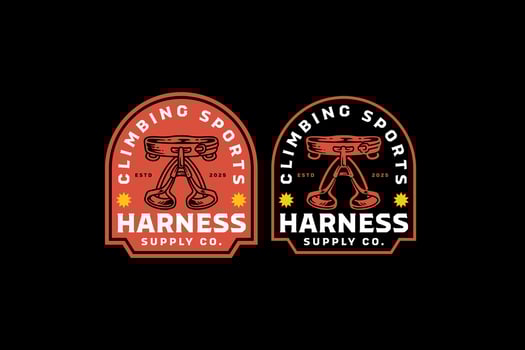 climbing safety harness with straps and belts equipment retro badge logo design collection set for adventure, construction, explorer, mountaineer, caver and climber vector