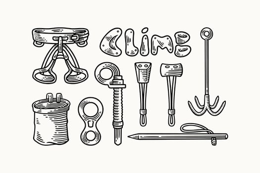 climbing sit harness, figure, chalk bag, anchor, wall grips, stopper, chock, fastener safety gears hatching engraving illustration element designs set for adventure, explorer, mountaineer, climber vector