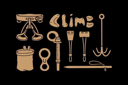 climbing sit harness, figure, chalk bag, anchor, wall grips, stopper, chock, fastener safety gears filled solid style icon element designs collection set for adventure, explorer, mountaineer, climber vector