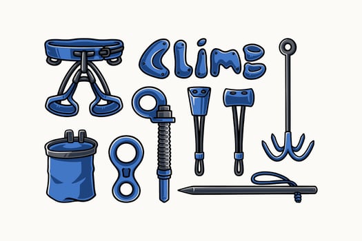 climbing sit harness, figure, chalk bag, anchor, wall grips, stopper, chock, fastener safety gears colorful doodle illustration element design set for adventure, explorer, mountaineer, climber vector