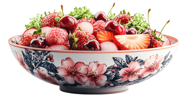 Fresh Fruit Salad in Decorative Bowl with Strawberries, Cherries, and Greens png