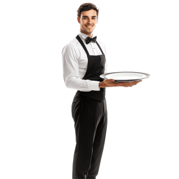Elegant waiter in formal attire serving a tray, showcasing hospitality in a pristine setting, Elegant Waiter Serving Pose Isolated on transparent background png
