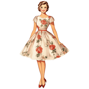 Vintage paper doll dressed in elegant floral pattern from mid20th century America, This vintage paper doll exudes the charm of the 1950s era transparent or transparent background backdrop png