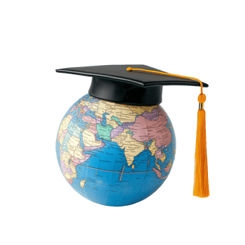 A globe wearing a mortarboard cap symbolizes global education and graduation success against a transparent background, Graduated Globe with Mortarboard on transparent background Global Education png