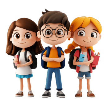 A group of cute cartoon students standing together in a cheerful environment before school, AIGenerated 3D Cartoon Character Group Cute Students, transparent background png