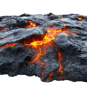 Molten rock surface with glowing lava and rugged texture isolated to highlight geological features and formation, Lava Surface with Molten Rock and Texture, Isolated on transparent background png