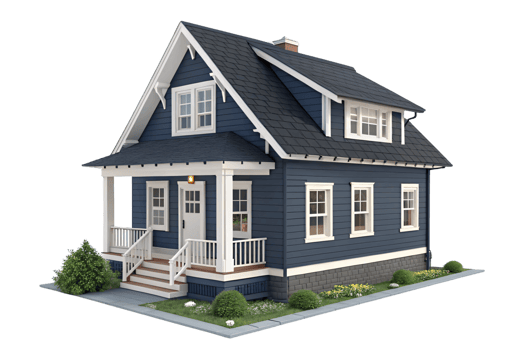A navy-blue house with white trims, steep roof, and neat landscaping, showcasing a compact yet stylish suburban design png