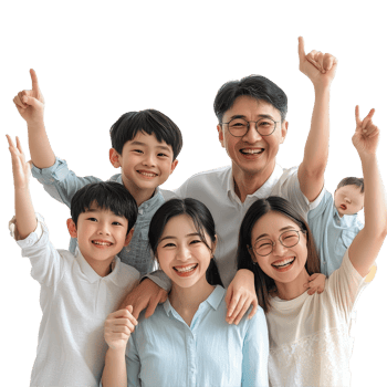 Joyful Asian family celebrating together with smiles and raised hands in a bright indoor setting, Joyful Asian Family Sharing Happiness Together in a Group Photo. isolated on transparent background png