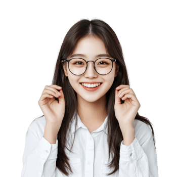 Happy young Asian student girl with glasses smiling and posing for the camera in a bright indoor setting, Happy Young Asian student girl with glasses standing over transparent background png