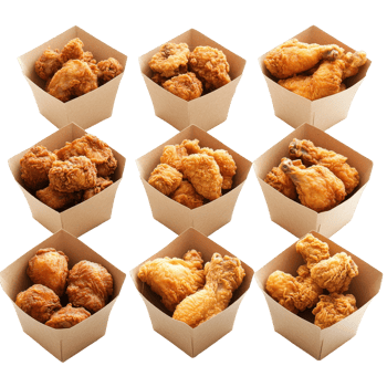 Delicious collection of fried chicken served in square brown cardboard boxes on a transparent surface, fried chicken in square brown card box paper isolated on transparent background png