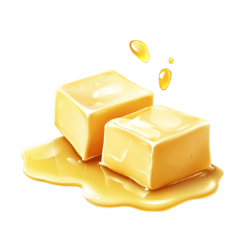 Two pieces of melting butter on a transparent surface creating a rich, inviting texture perfect for culinary delights, Two pieces of butter melting isolated png
