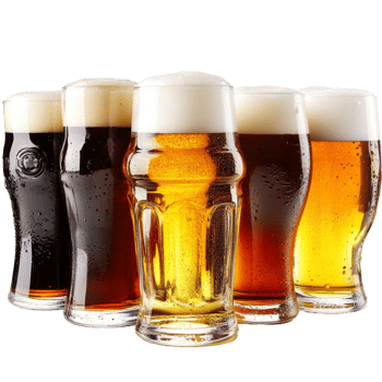 A variety of craft beers displayed on a transparent background showcasing diverse colors and frothy tops, Multiple beers isolated on transparent background png