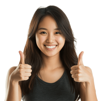 Happy Asian girl giving thumbs up, showcasing a joyful moment indoors during a bright afternoon, Happy beautiful Asian girl thumbs up and smiling isolated on transparent background png