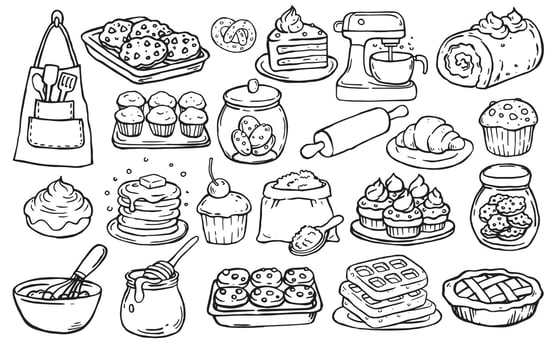 set of homemade baking, cookies, pie, flour, cupcake. illustration in doodle style vector