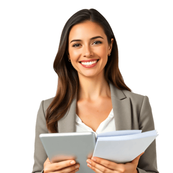 A smiling woman holding a tablet and holding a folder png