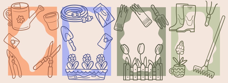 Set of linear drawing gardening postcards featuring tools like watering can, gloves, rake, and plants like tulips and hyacinths, perfect for garden design, spring projects, nature-themed greetings. vector