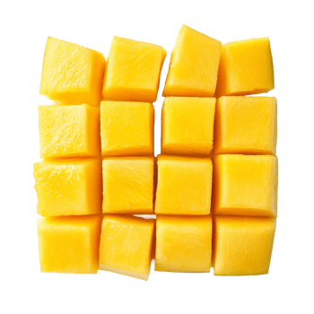 Fresh mango slices diced into cubes, showcasing vibrant color and ripe texture against a clean transparent background, Mango slice cut to cubes closeup isolated on transparent background png