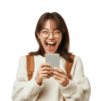 Excited Asian woman joyfully using her smartphone in a bright indoor setting during daytime, Excited Asian woman using mobile smartphone isolated transparent background png