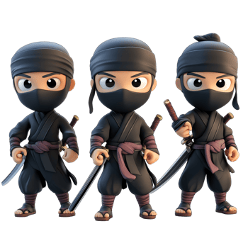 Cartoon ninja characters in action poses on a bright background showcasing their skills and gear, 3D Cartoon Ninja Characters on transparent background png