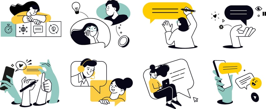 Communication illustrations. Concepts of social media, networking, support, community, chatting, online communication, app and services, rating and review, conversation. vector
