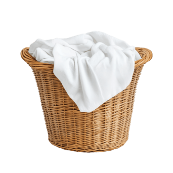 Wicker laundry basket filled with fresh transparent cloth on a minimalist transparent background, Wicker Laundry Basket with transparent Cloth on transparent background png