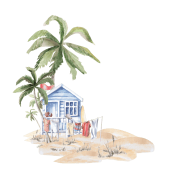Beach house on the shore with drying laundry. Isolated watercolor illustration of summer holiday attributes for postcard design, summer restaurant design, printing of tourist brochures. png