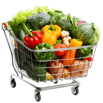 Fresh vegetables overflowing in a shopping cart ready for healthy meal preparation, Shopping cart full of fresh vegetables png