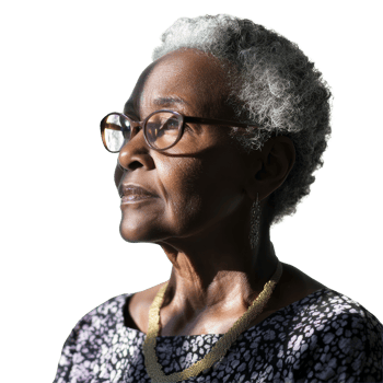 Elegant older black woman gazes thoughtfully while illuminated by soft sunlight indoors, attractive black older woman, file of isolated object with shadow on transparent background png
