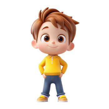 A cheerful cartoon child in a yellow outfit standing confidently against a transparent background, 3d cartoon of little childisolated transparent background png